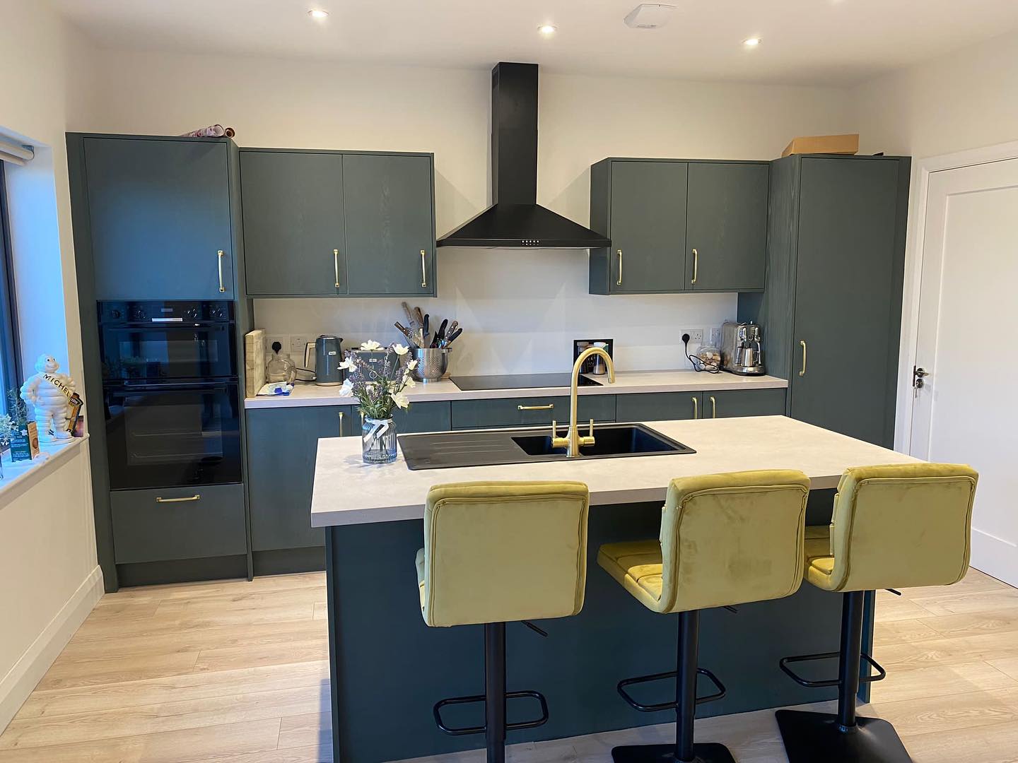 Hand-painted teal in-frame kitchen with island, made in Kilkenny
